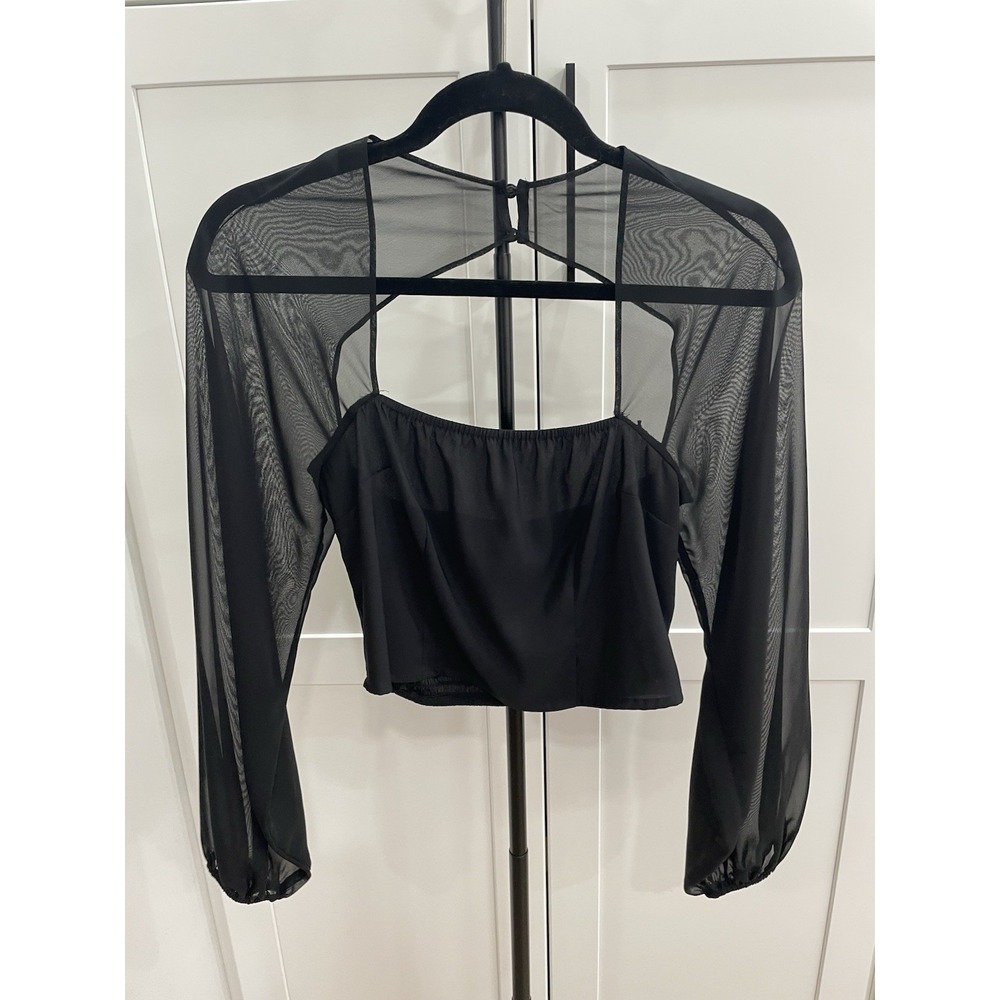 Express NWT Black Layered Mesh Long Sleeve Crop Top Square Neck Camisole S